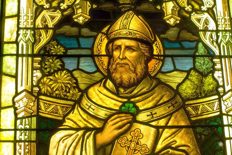 An image of St. Patrick shines bright on a stained-glass window.
(Photo credit: Thad Zajdowicz)
