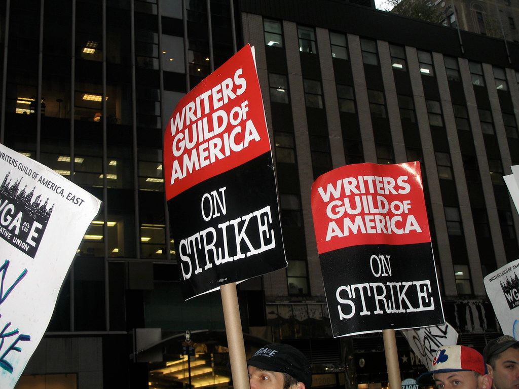 Protest signs in support of the Writer’s Guild of America